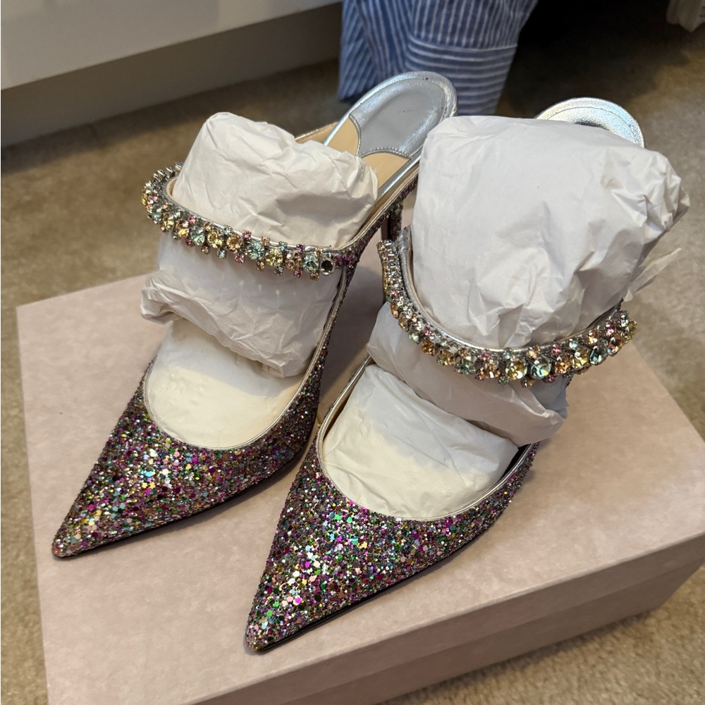 Jimmy Choo Multicolor Glitter Pointed-Toe Stiletto Heels with Jeweled Strap - Picture 2 of 7